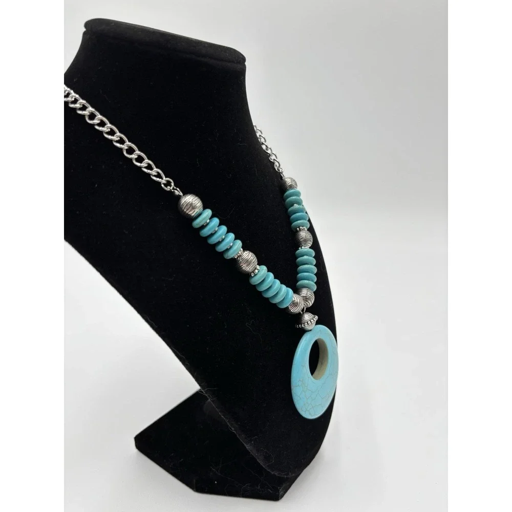 Turquoise‎ Statement Necklace Large Donut Pendant Silver Tone Beaded Chunky